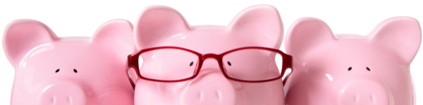 Group of three pink china pigs, one has red glasses on