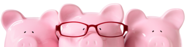 a group of 3 piggy banks peering over the edge. The middle pig is wearing glasses. 