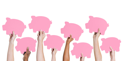 7 different arms holding up pink pig cut-outs