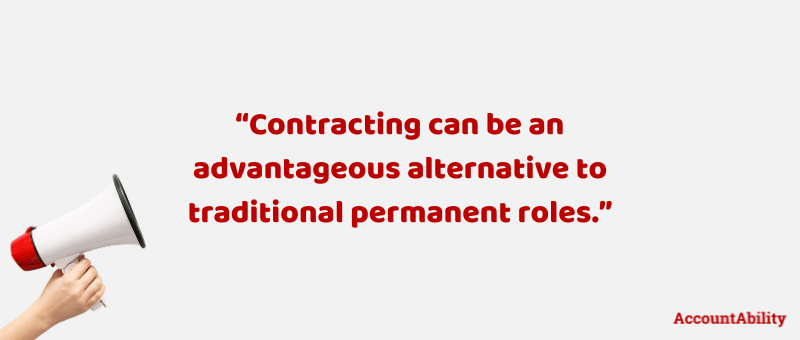 Grey box with a red & white megaphone and a quote in red text that says "contracting can be an advantageous alternative to traditional permanent roles."