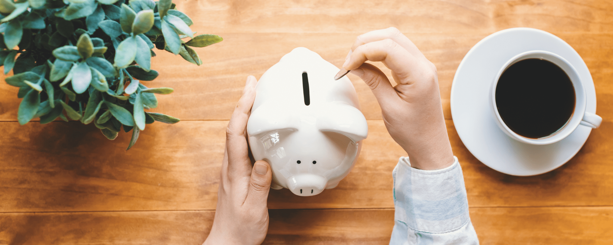 Piggy bank sitting on desk with person inserting coins on the desk also ha a small plant and coffee cup and saucer